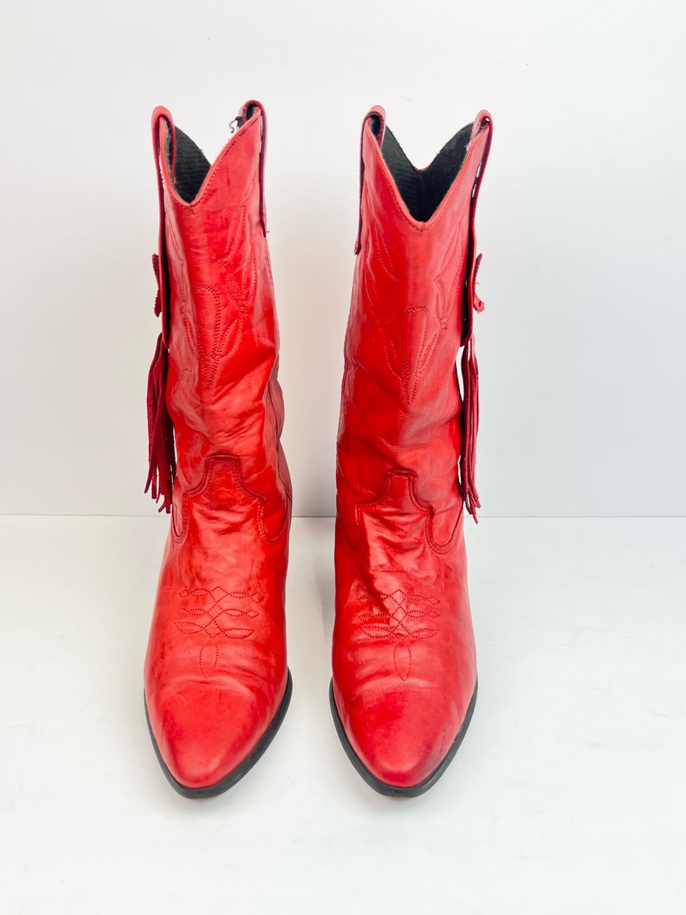 Laredo Red Leather Lace Up Tassel Cowboy Boots - Picture 4 of 9